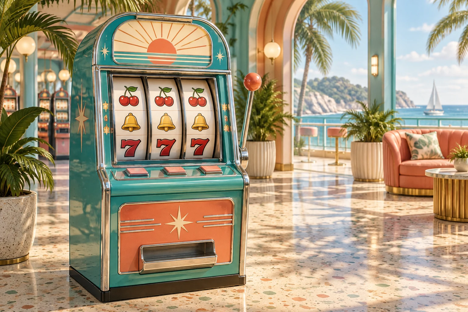 An original slot cabinet with illuminated reels